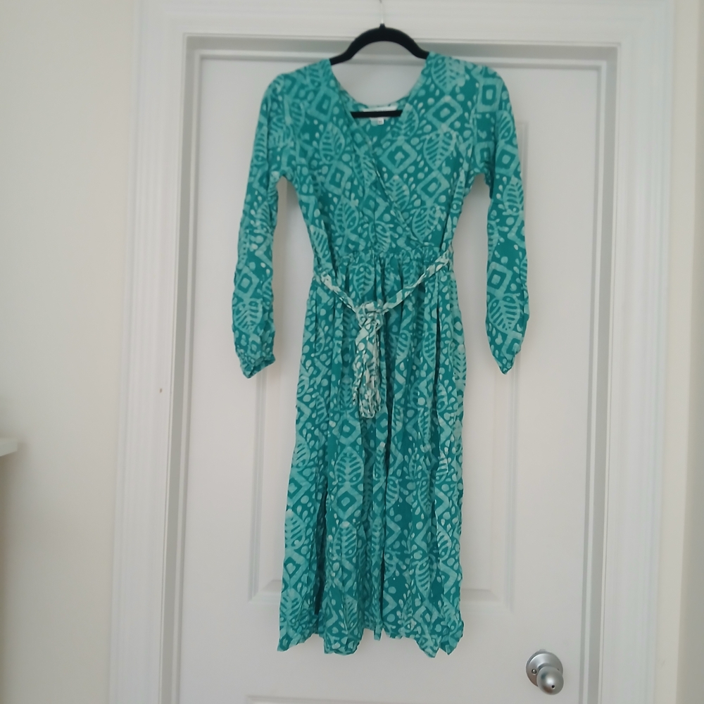 Teal Patterned Long Sleeve Dress